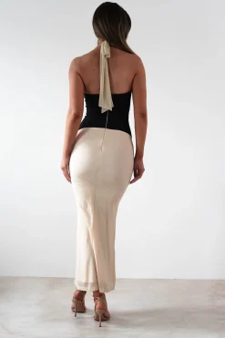 Clearance Addae Bodycon Mesh Maxi Dress | Beige/Black Lange Kleider|Maxikleider