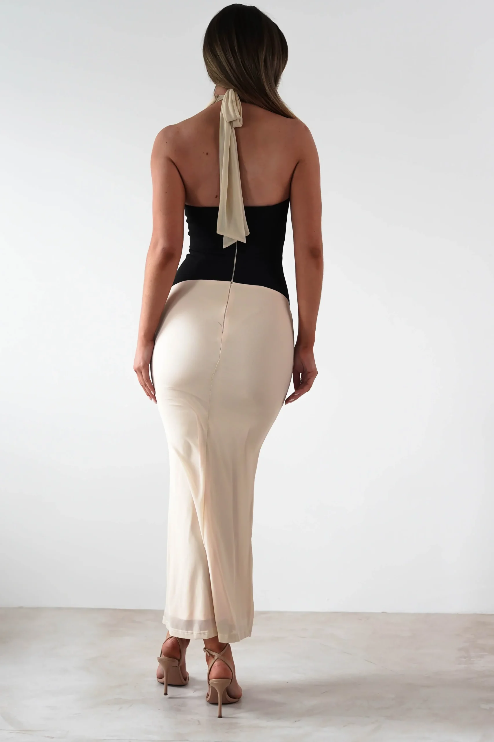 Clearance Addae Bodycon Mesh Maxi Dress | Beige/Black Lange Kleider|Maxikleider