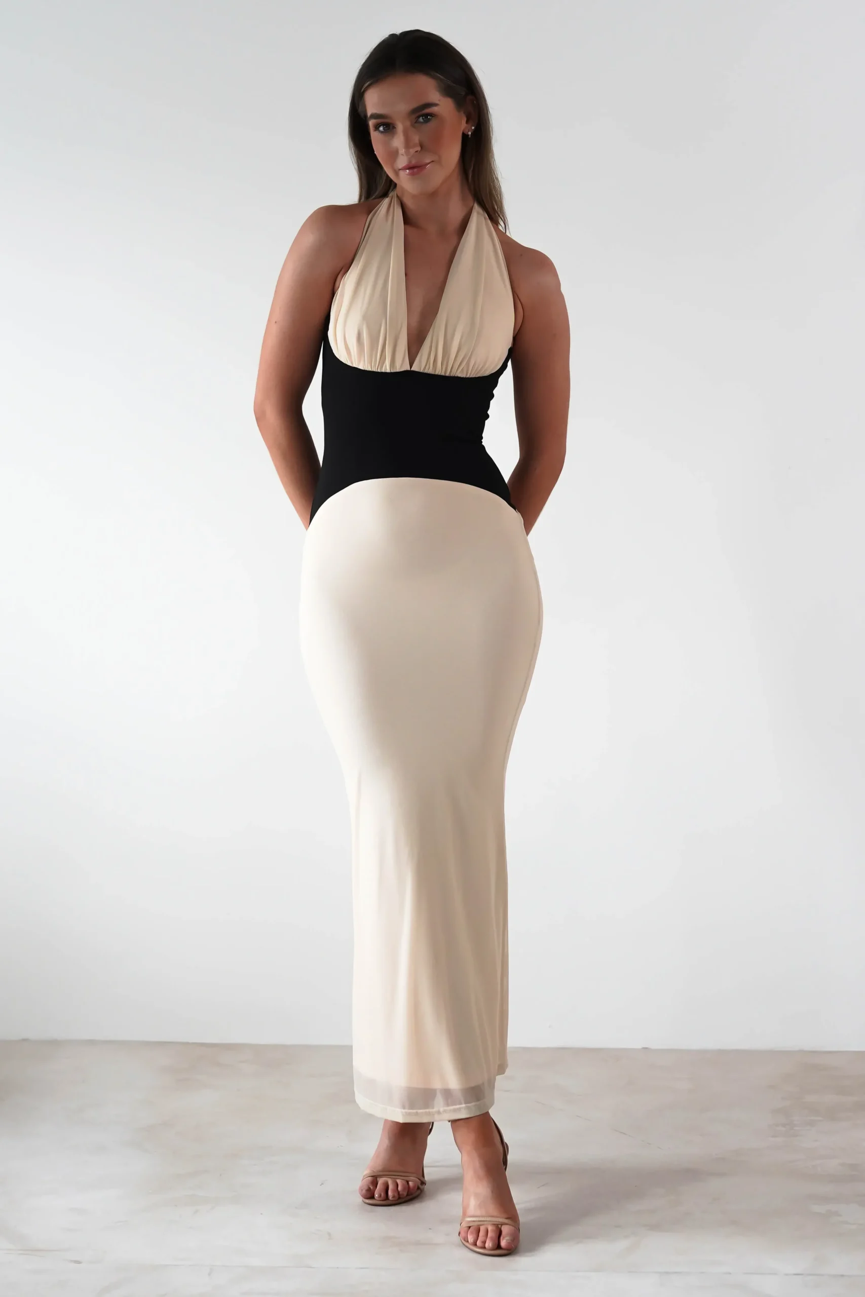 Clearance Addae Bodycon Mesh Maxi Dress | Beige/Black Lange Kleider|Maxikleider