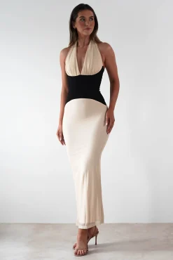 Clearance Addae Bodycon Mesh Maxi Dress | Beige/Black Lange Kleider|Maxikleider