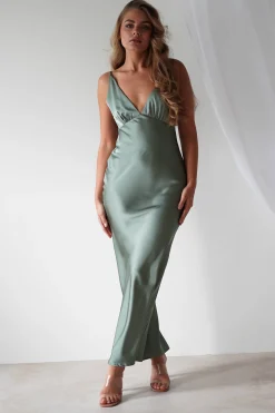 New Aimie Soft Satin Maxi Dress | Olive Lange Kleider|Maxikleider