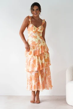 Sale Allie Ruffle Floral Maxi Dress | Yellow/Peach Lange Kleider|Maxikleider