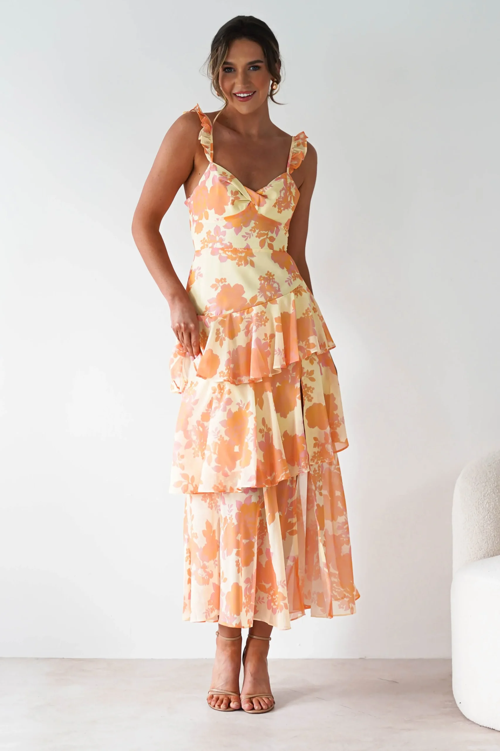 Sale Allie Ruffle Floral Maxi Dress | Yellow/Peach Lange Kleider|Maxikleider