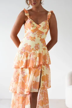 Sale Allie Ruffle Floral Maxi Dress | Yellow/Peach Lange Kleider|Maxikleider