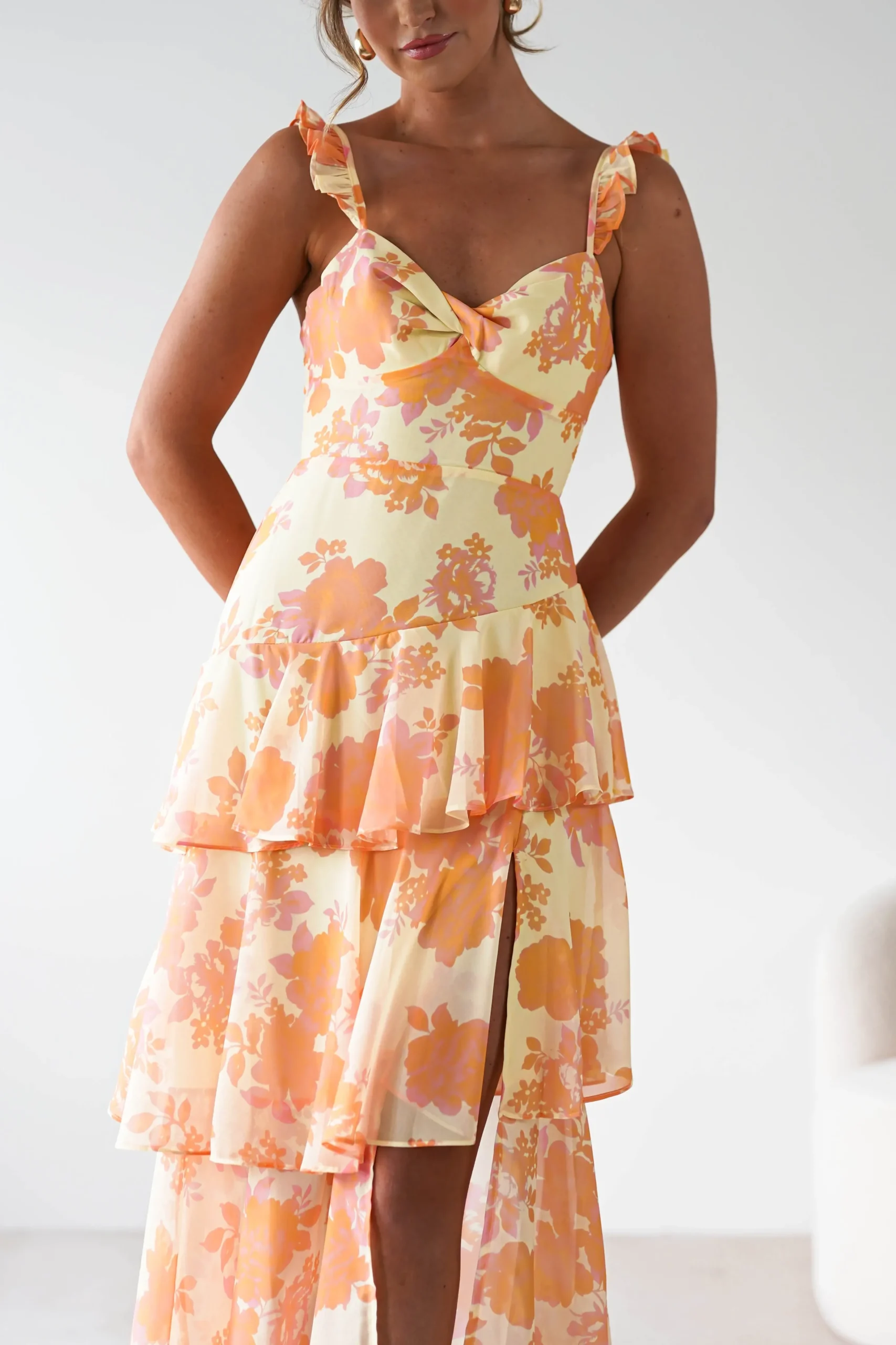 Sale Allie Ruffle Floral Maxi Dress | Yellow/Peach Lange Kleider|Maxikleider