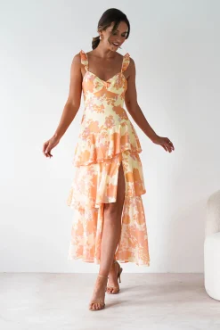 Sale Allie Ruffle Floral Maxi Dress | Yellow/Peach Lange Kleider|Maxikleider