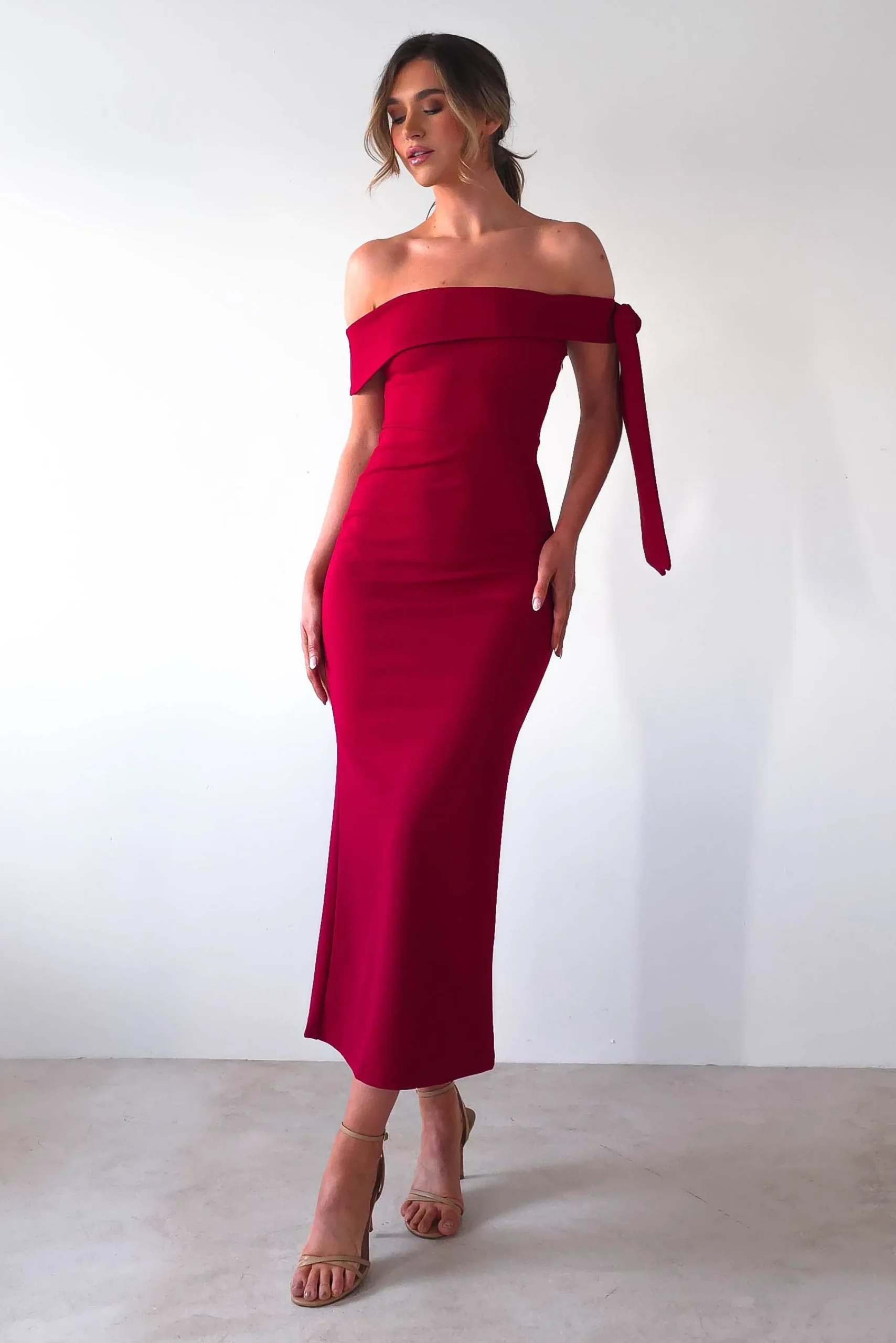 Hot Amalthea Off the Shoulder Midaxi | Dark Red Lange Kleider|Maxikleider