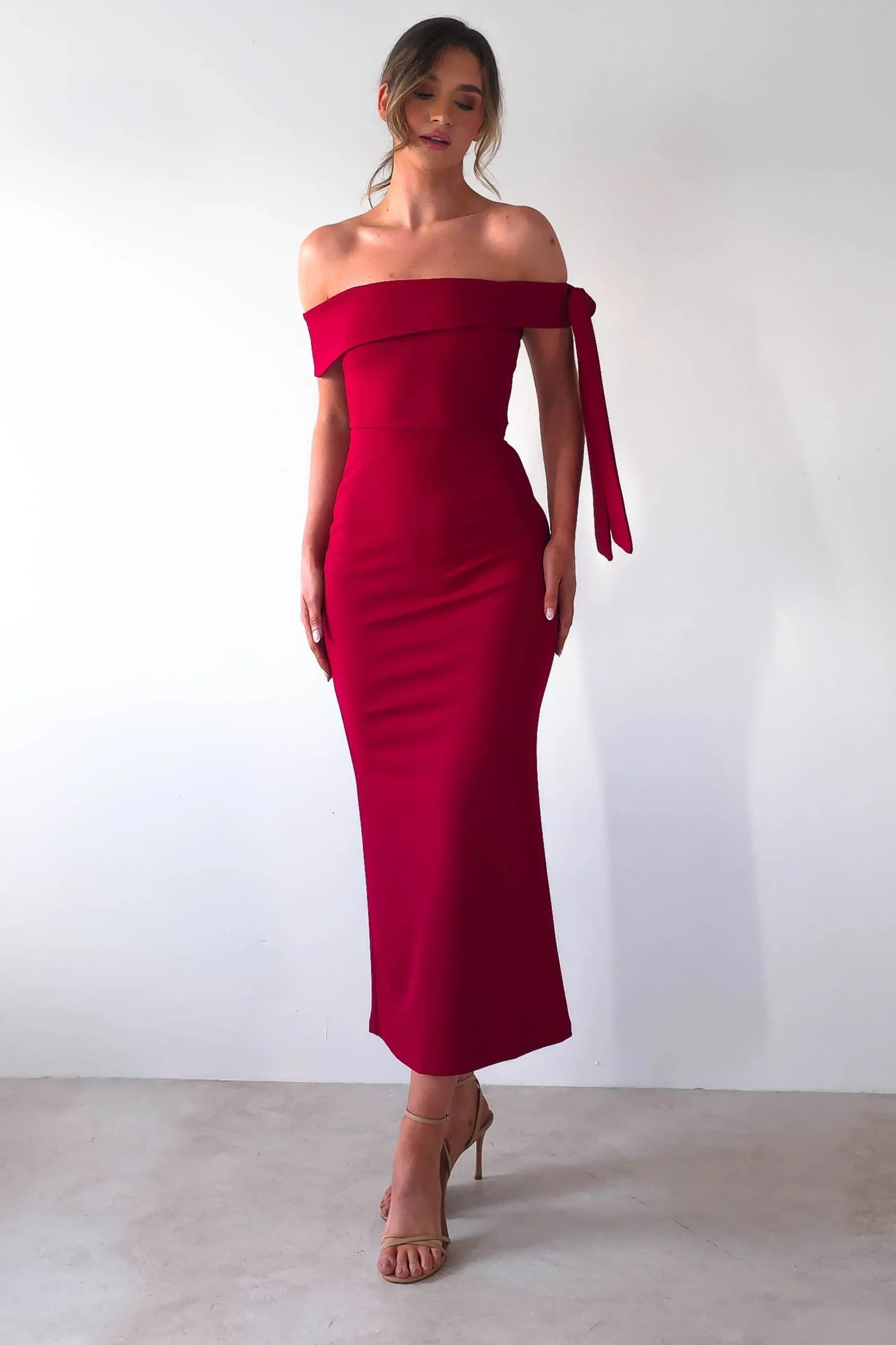 Hot Amalthea Off the Shoulder Midaxi | Dark Red Lange Kleider|Maxikleider