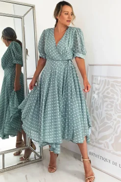 Online Andrea Polka Dot Midi Dress | Sage Mittellange Kleider|Midi-kleider