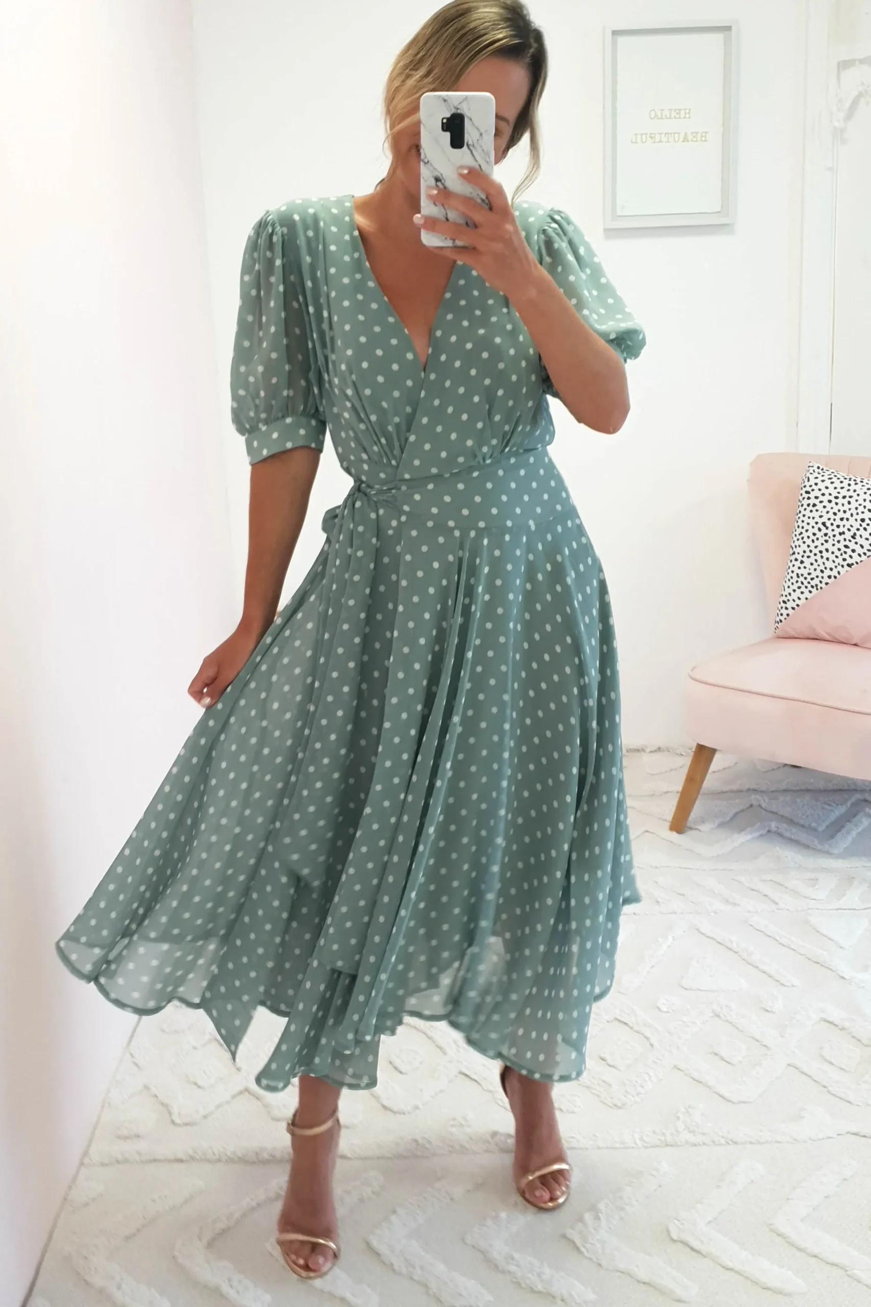 Online Andrea Polka Dot Midi Dress | Sage Mittellange Kleider|Midi-kleider