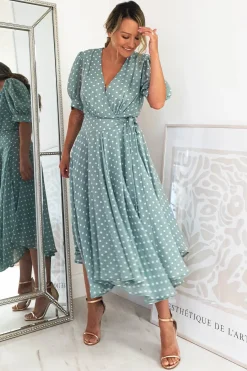 Online Andrea Polka Dot Midi Dress | Sage Mittellange Kleider|Midi-kleider