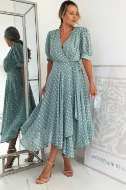 Online Andrea Polka Dot Midi Dress | Sage Mittellange Kleider|Midi-kleider