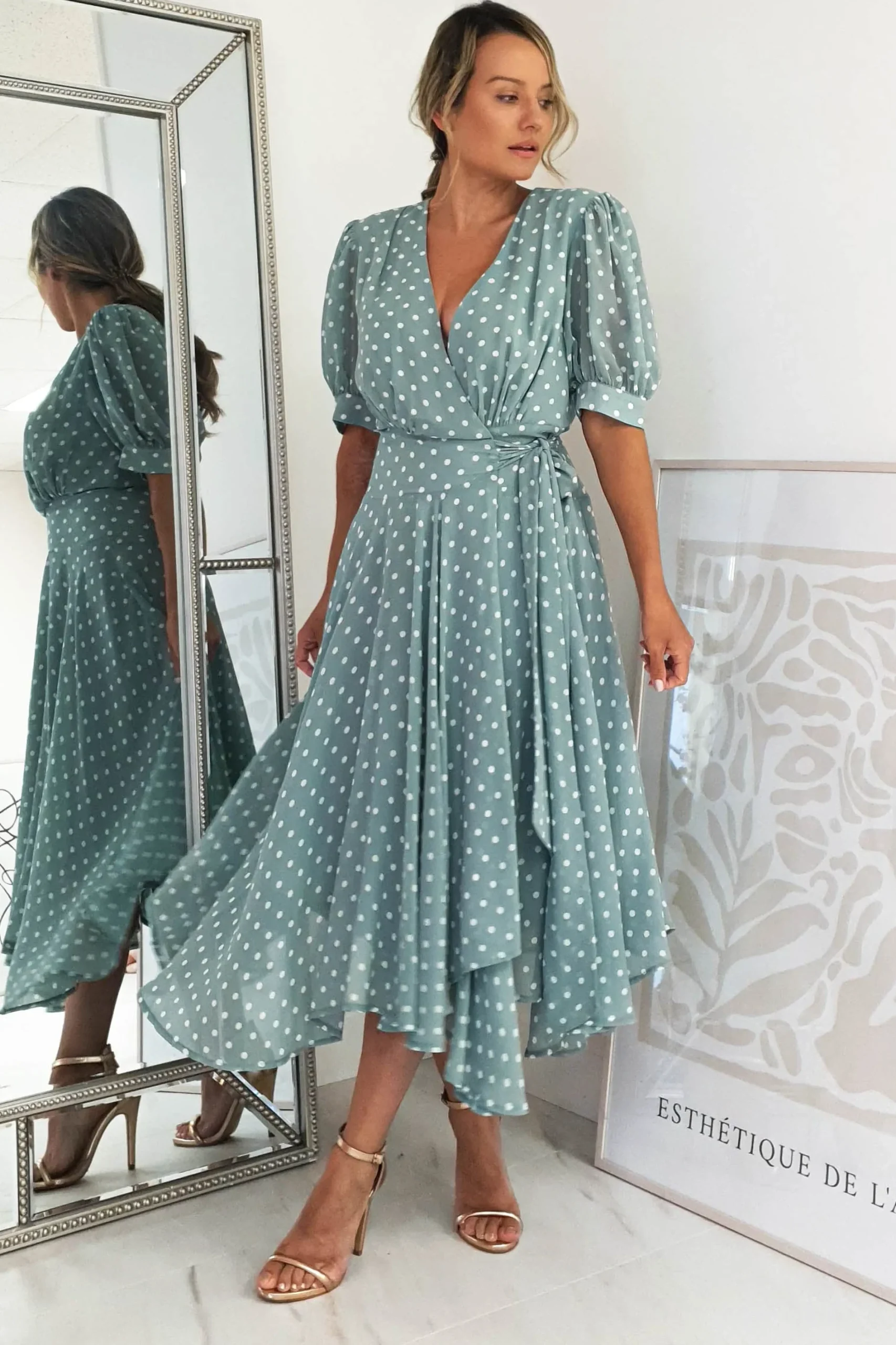 Online Andrea Polka Dot Midi Dress | Sage Mittellange Kleider|Midi-kleider
