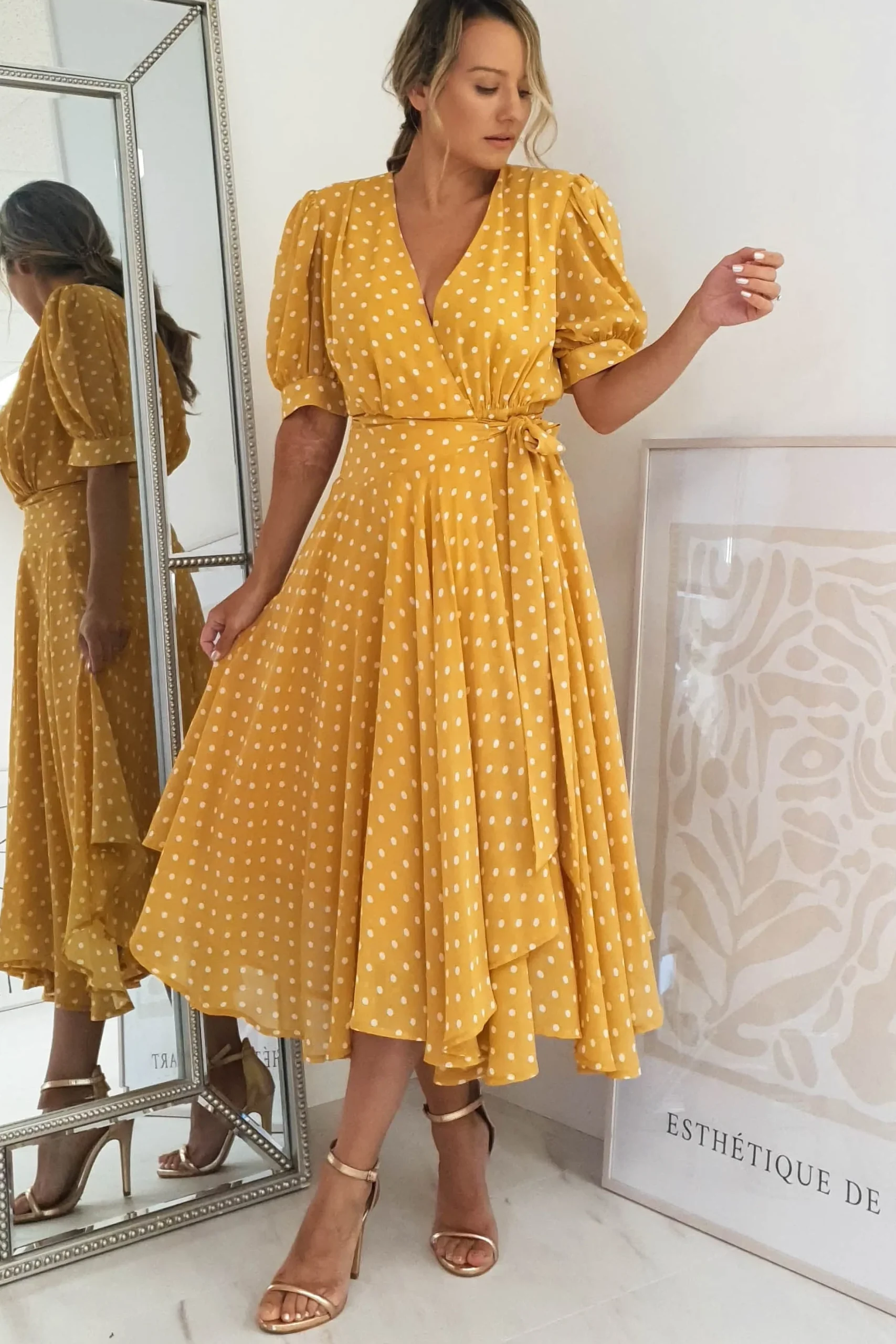 Hot Andrea Polka Dot Midi Dress | Mustard Mittellange Kleider|Midi-kleider