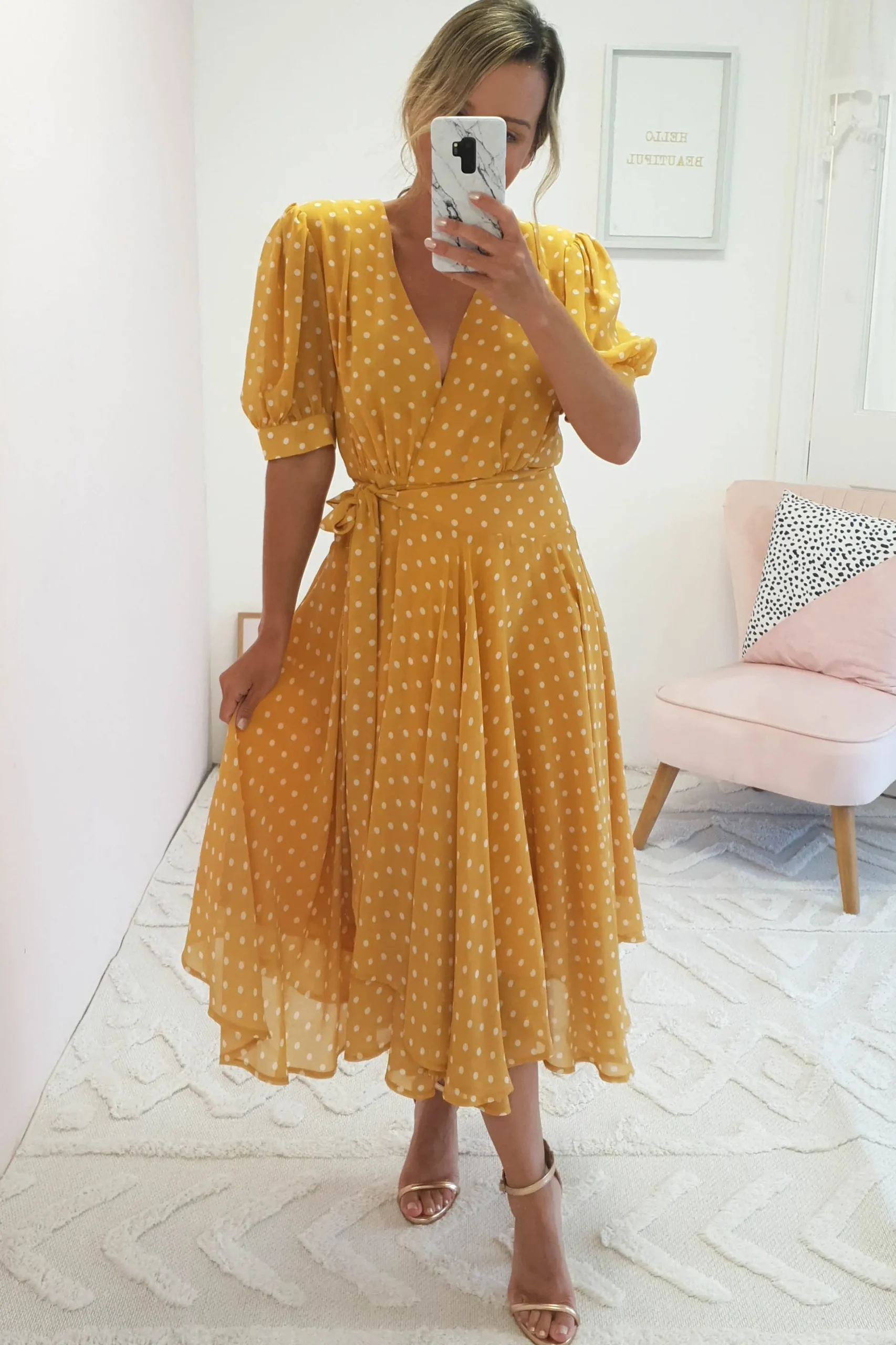 Hot Andrea Polka Dot Midi Dress | Mustard Mittellange Kleider|Midi-kleider