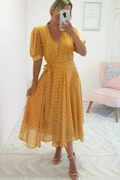 Hot Andrea Polka Dot Midi Dress | Mustard Mittellange Kleider|Midi-kleider