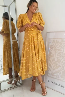 Hot Andrea Polka Dot Midi Dress | Mustard Mittellange Kleider|Midi-kleider