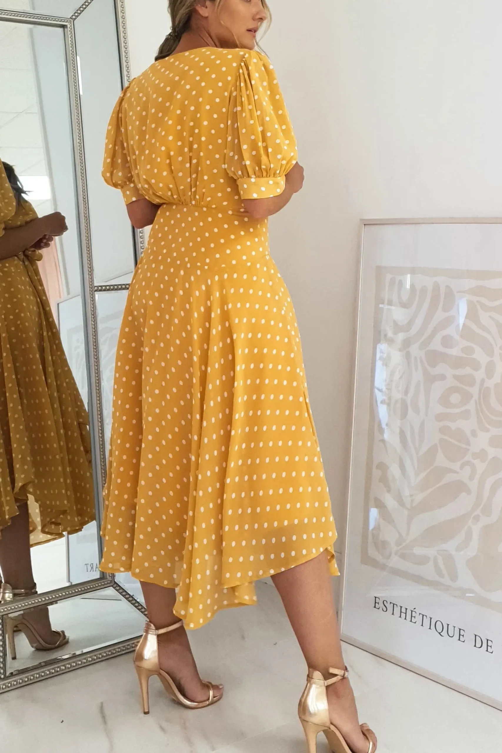 Hot Andrea Polka Dot Midi Dress | Mustard Mittellange Kleider|Midi-kleider