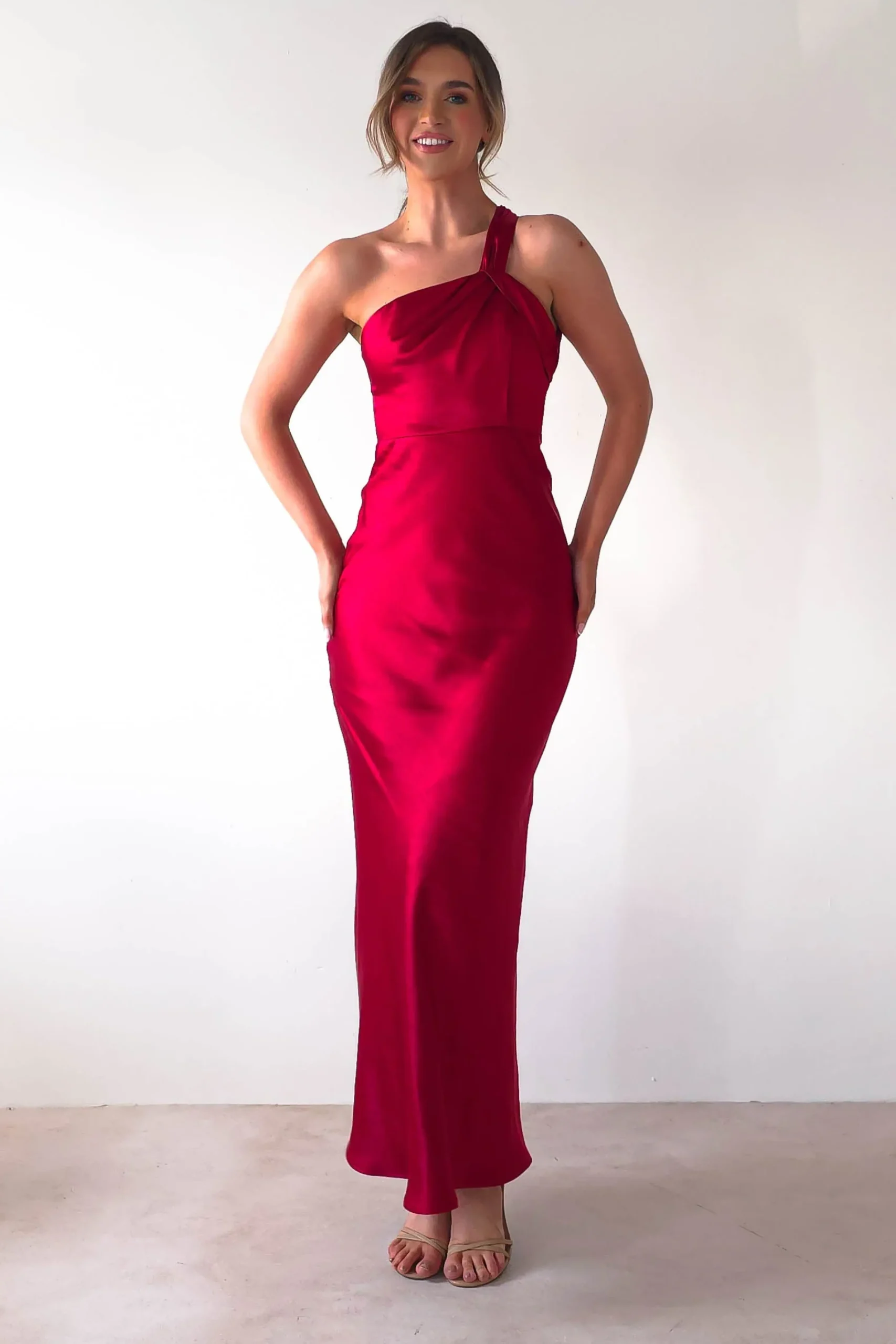 Online Ashlee Soft Satin One Shoulder Maxi Dress | Red Lange Kleider|Maxikleider