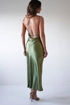 New Bayleigh Soft Satin Maxi Dress | Olive Mittellange Kleider|Midi-kleider