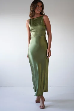 New Bayleigh Soft Satin Maxi Dress | Olive Mittellange Kleider|Midi-kleider