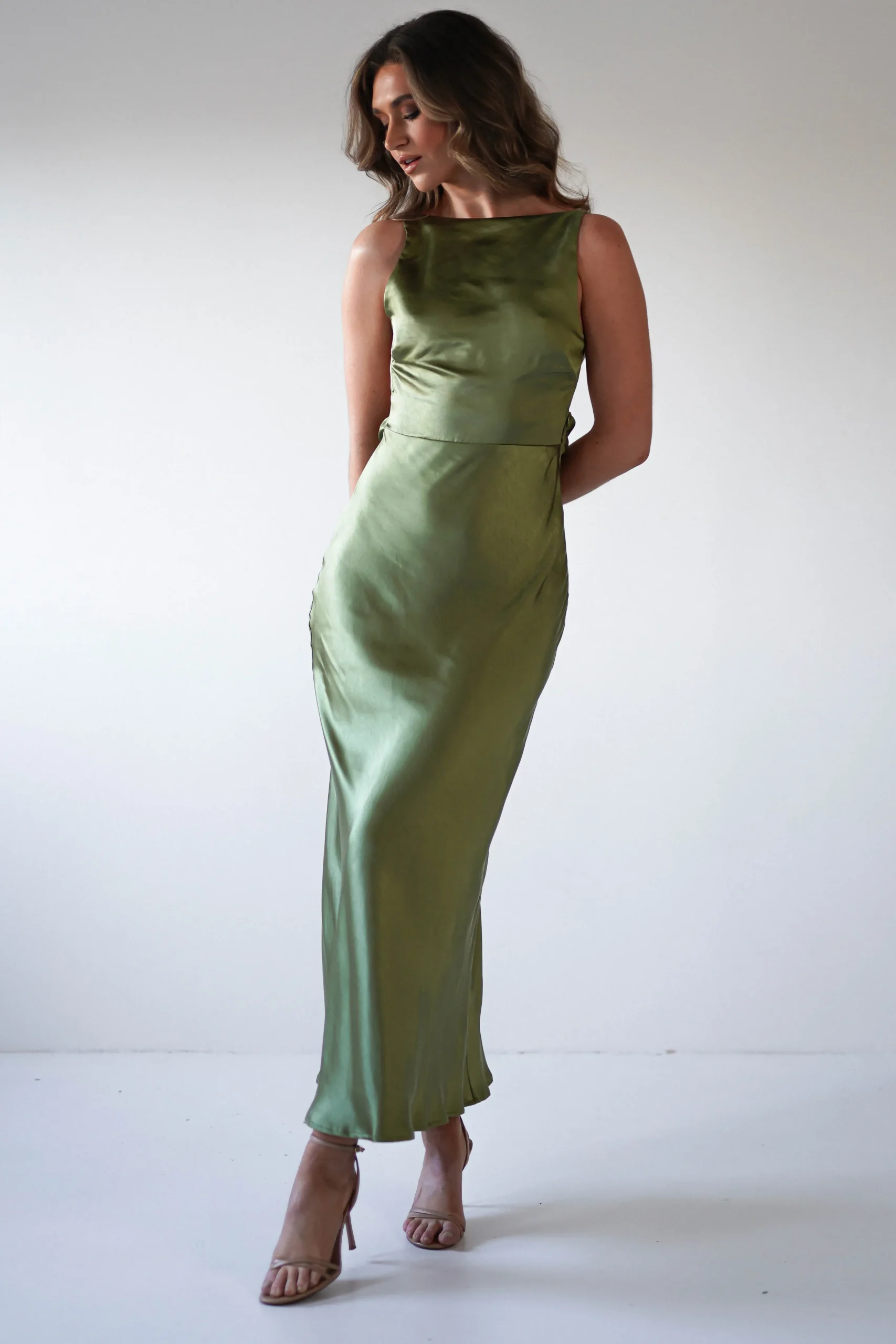 New Bayleigh Soft Satin Maxi Dress | Olive Mittellange Kleider|Midi-kleider