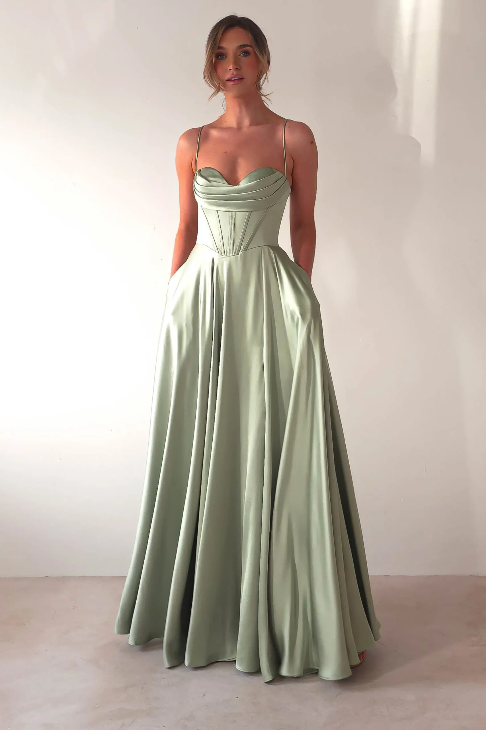 Clearance Bella Luxe Aline Satin Gown | Sage Sommerkleider|Sommerkleider