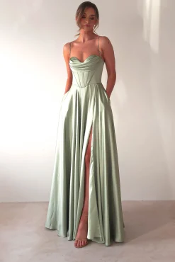 Clearance Bella Luxe Aline Satin Gown | Sage Sommerkleider|Sommerkleider