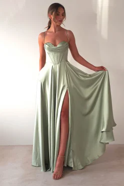 Clearance Bella Luxe Aline Satin Gown | Sage Sommerkleider|Sommerkleider