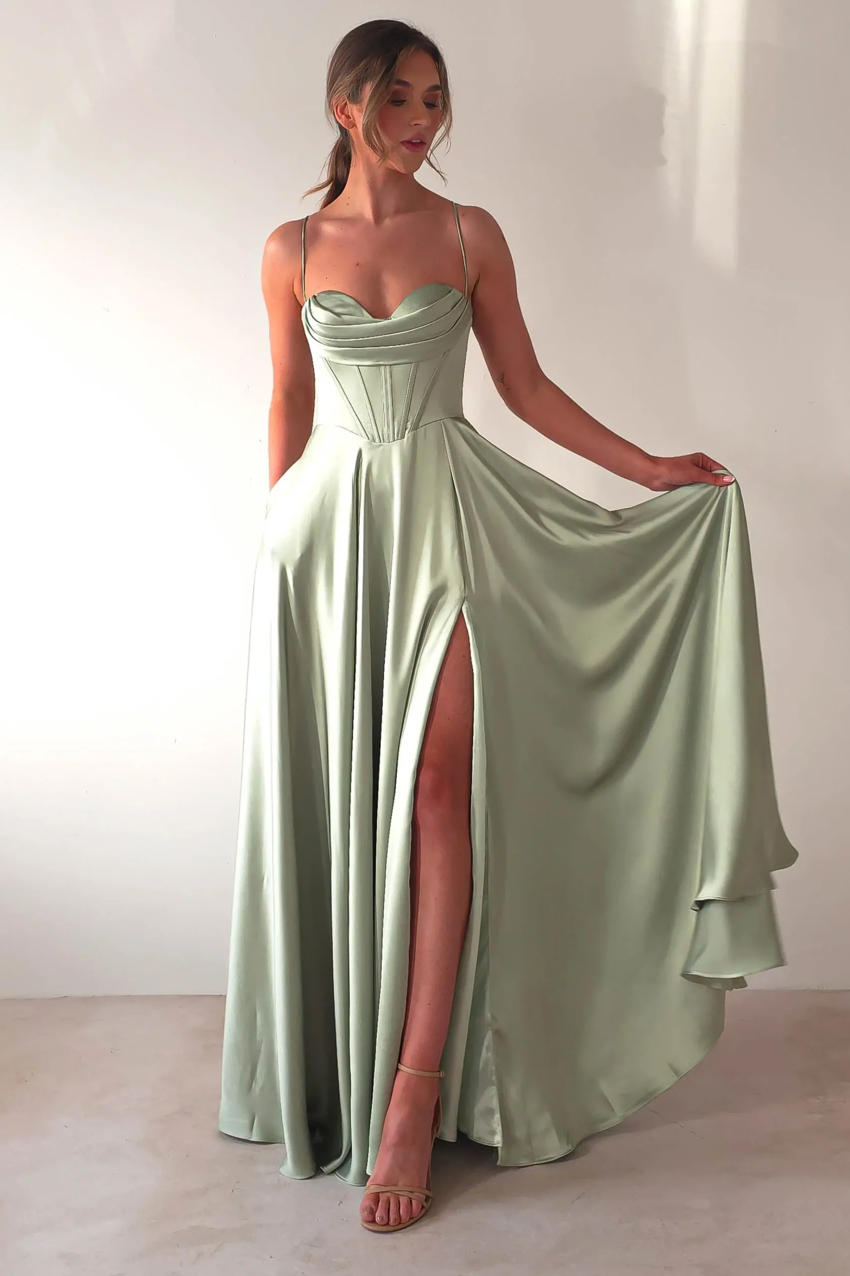 Clearance Bella Luxe Aline Satin Gown | Sage Sommerkleider|Sommerkleider