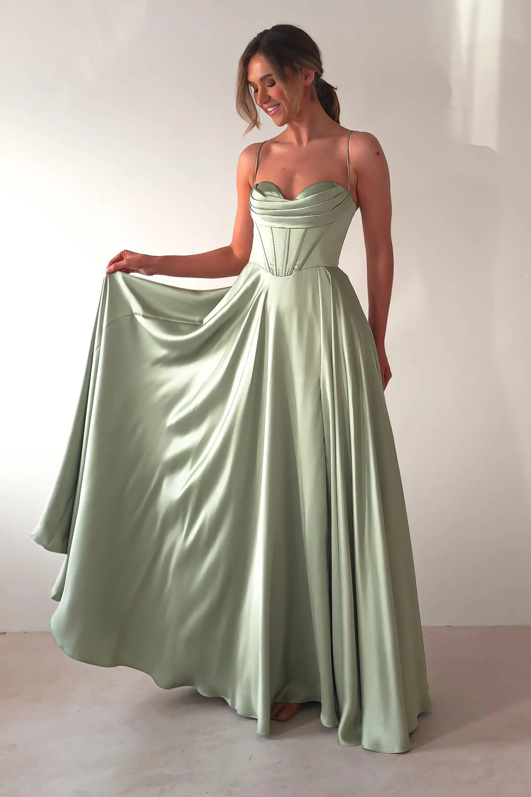 Clearance Bella Luxe Aline Satin Gown | Sage Sommerkleider|Sommerkleider