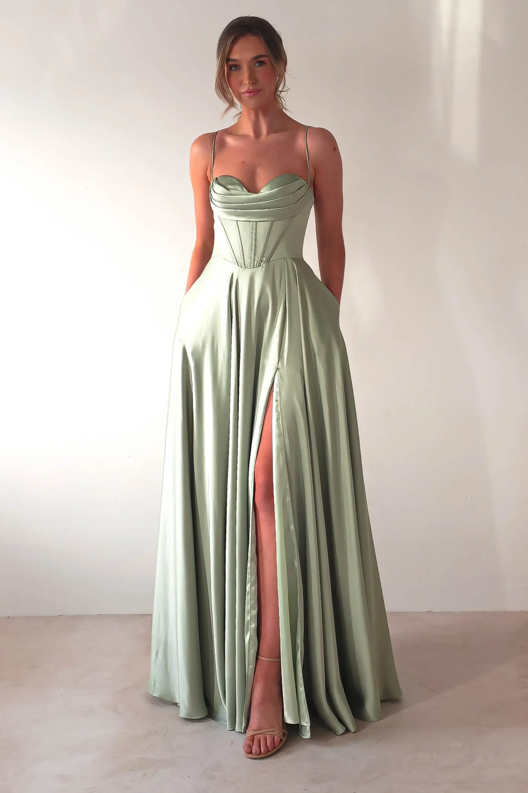 Clearance Bella Luxe Aline Satin Gown | Sage Sommerkleider|Sommerkleider