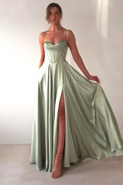 Clearance Bella Luxe Aline Satin Gown | Sage Sommerkleider|Sommerkleider