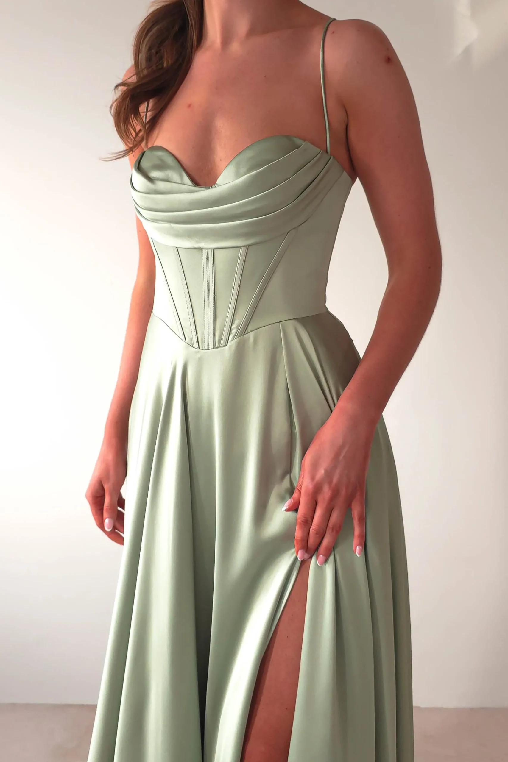 Clearance Bella Luxe Aline Satin Gown | Sage Sommerkleider|Sommerkleider