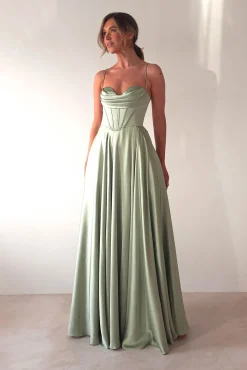 Clearance Bella Luxe Aline Satin Gown | Sage Sommerkleider|Sommerkleider