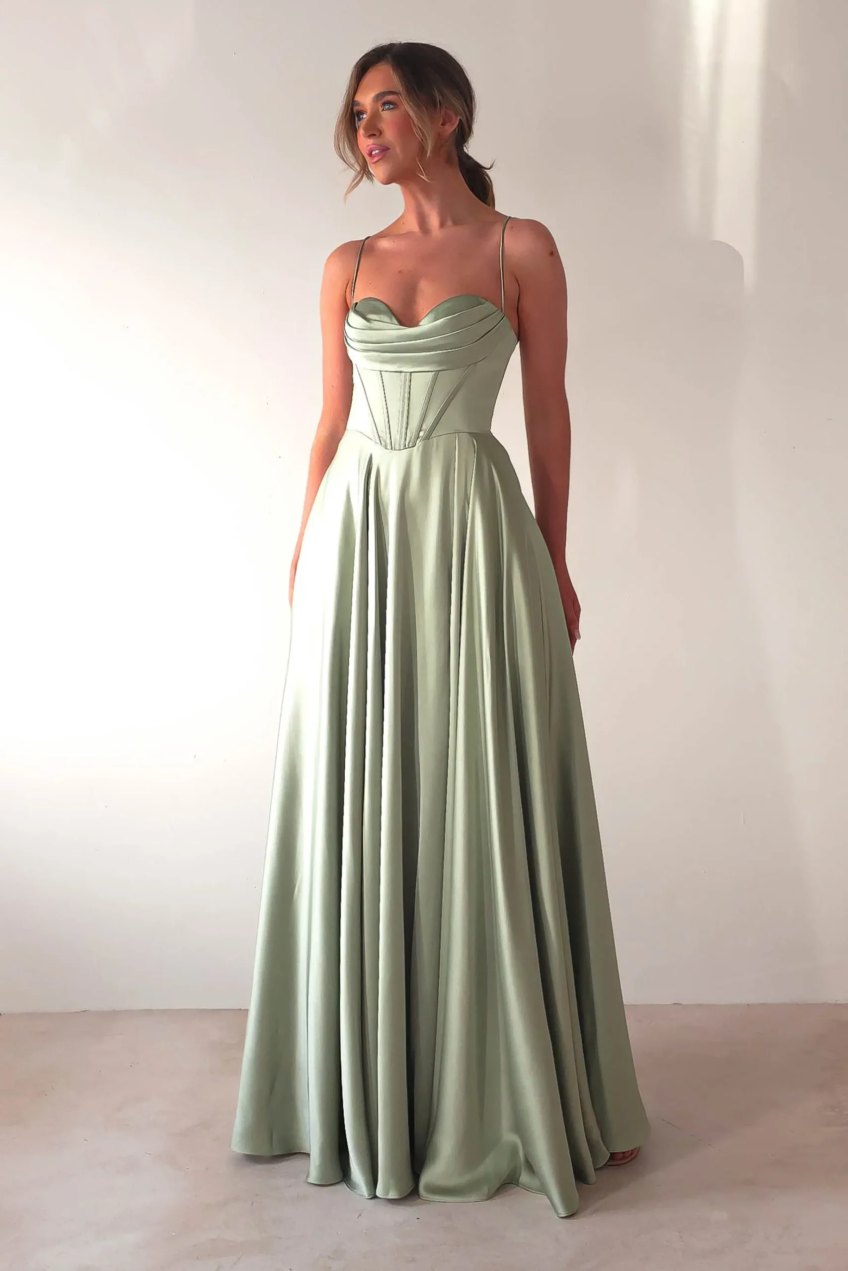 Clearance Bella Luxe Aline Satin Gown | Sage Sommerkleider|Sommerkleider
