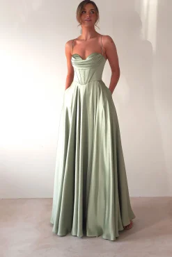 Clearance Bella Luxe Aline Satin Gown | Sage Sommerkleider|Sommerkleider