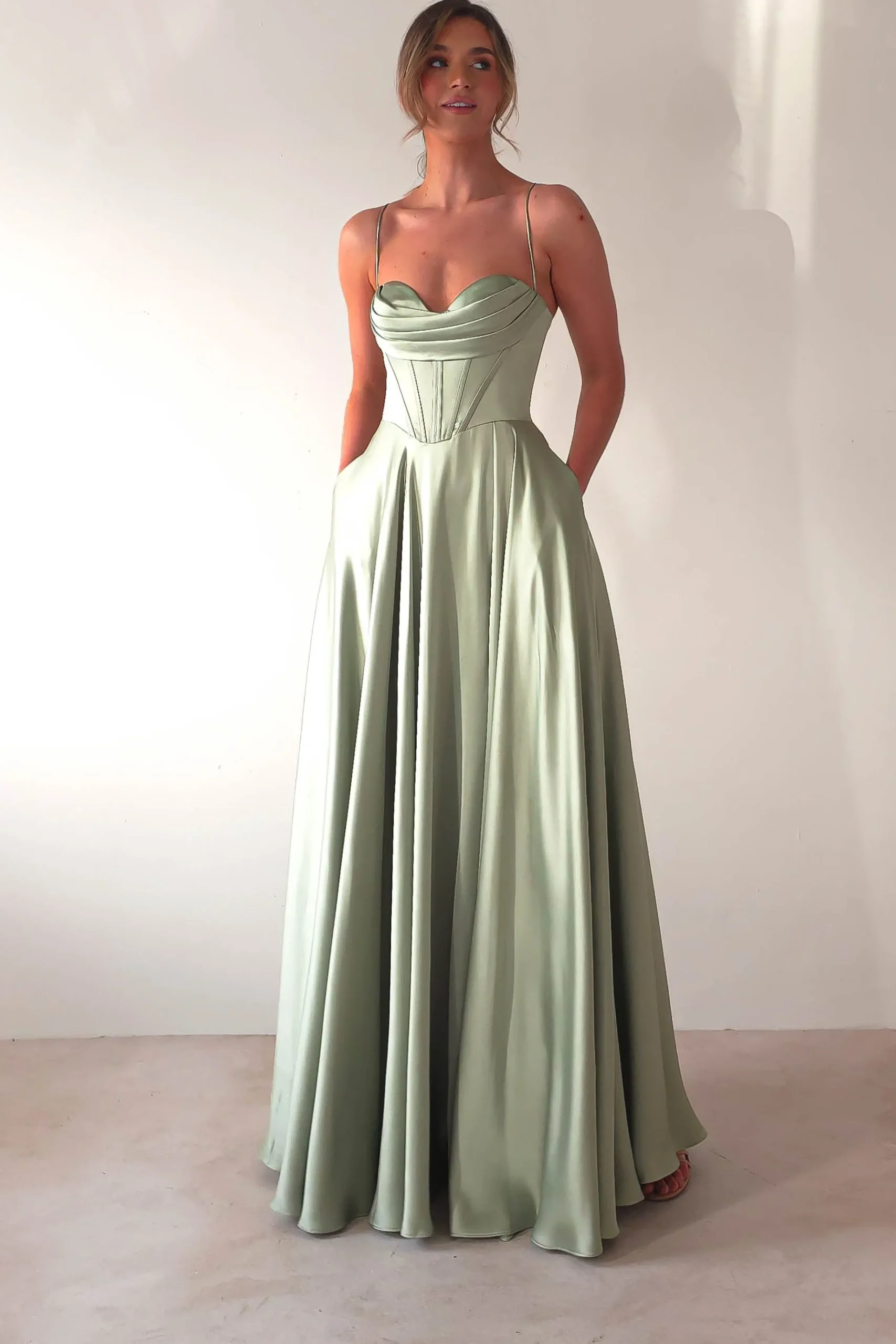 Clearance Bella Luxe Aline Satin Gown | Sage Sommerkleider|Sommerkleider