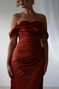 Hot Beth Draped Silky Satin Gown | Rust Brautjungfernkleider|Brautjungfer