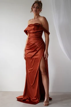 Hot Beth Draped Silky Satin Gown | Rust Brautjungfernkleider|Brautjungfer