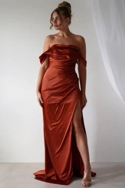 Hot Beth Draped Silky Satin Gown | Rust Brautjungfernkleider|Brautjungfer