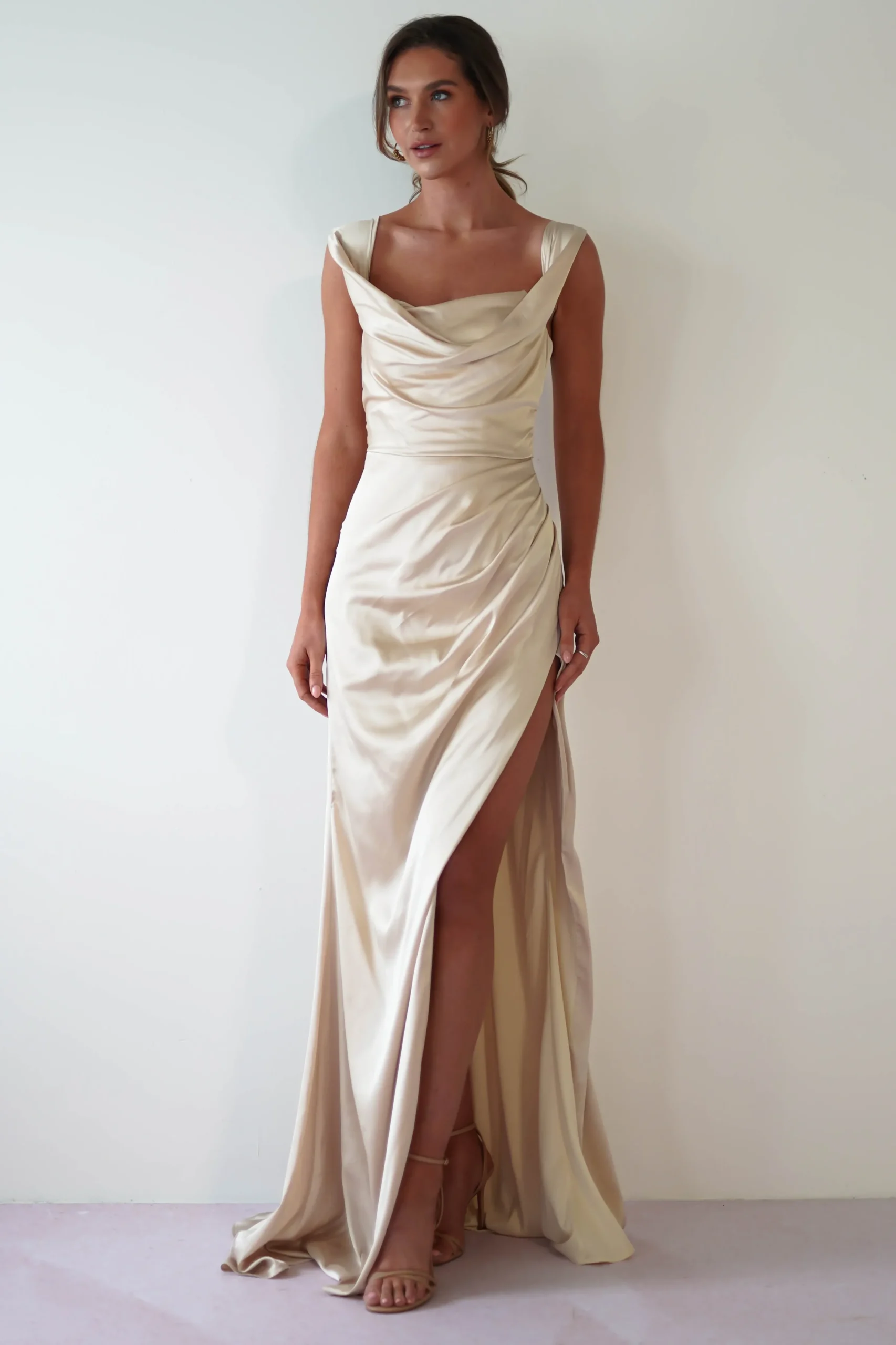Clearance Beth Draped Silky Satin Gown | Champagne Brautjungfernkleider|Brautjungfer