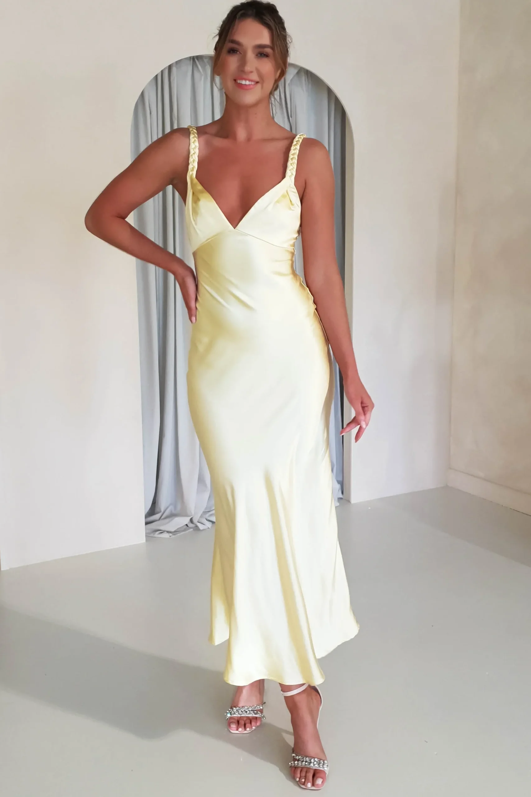 New Bethanie Soft Satin Maxi Dress | Yellow Mittellange Kleider|Midi-kleider