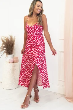 Clearance Billy Printed Satin Midi Dress | Red Mittellange Kleider|Midi-kleider