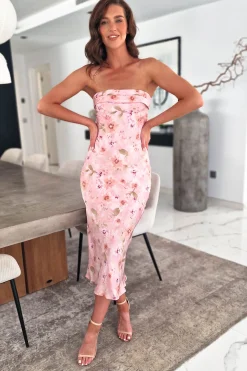 Online Bloom Strapless Midi Dress | Pink Floral Mittellange Kleider|Midi-kleider