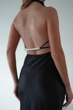Clearance Capriana Pearl Back Maxi Dress | Black Lange Kleider|Maxikleider