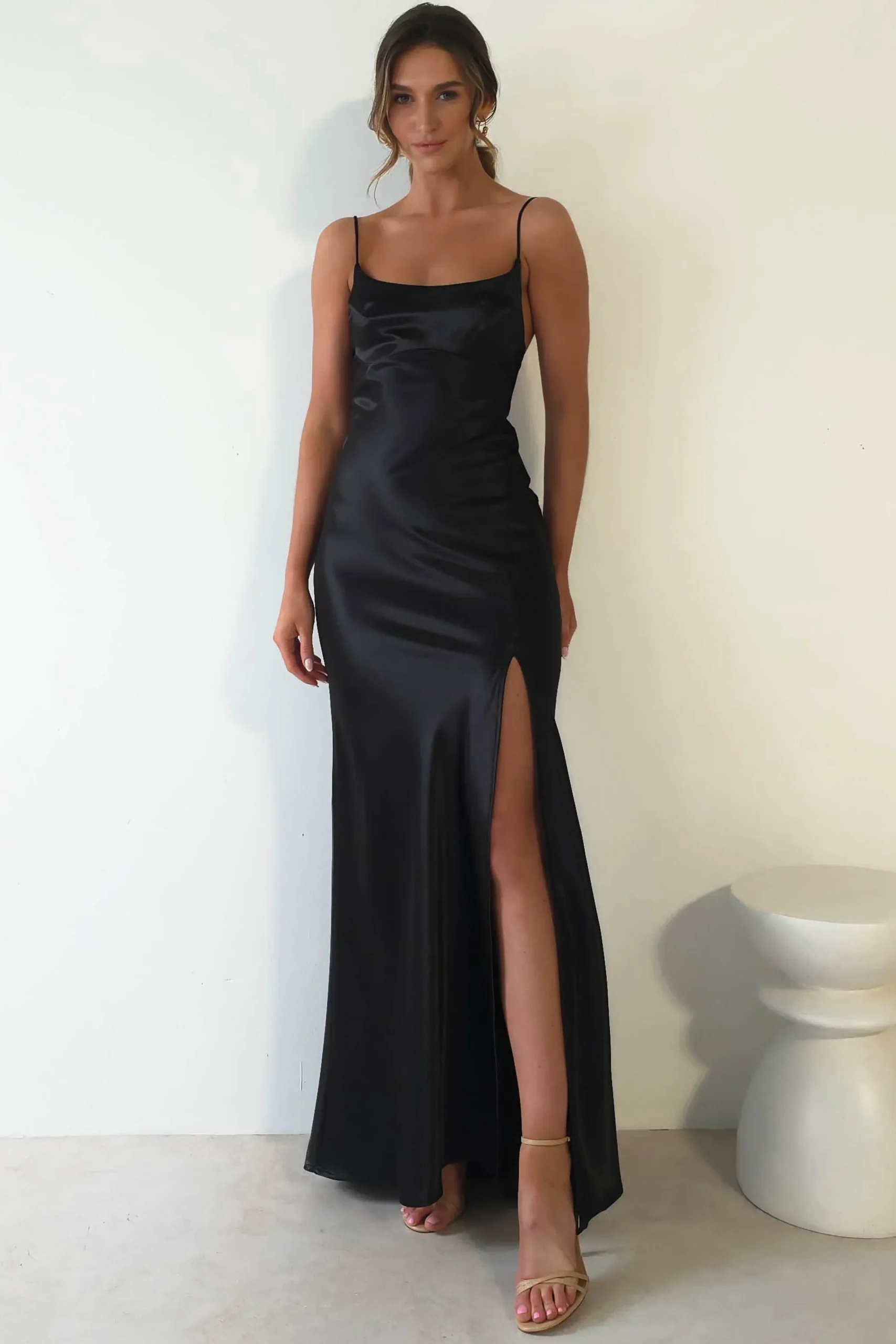 Best Celinee Satin Maxi Gown | Black Lange Kleider|Maxikleider