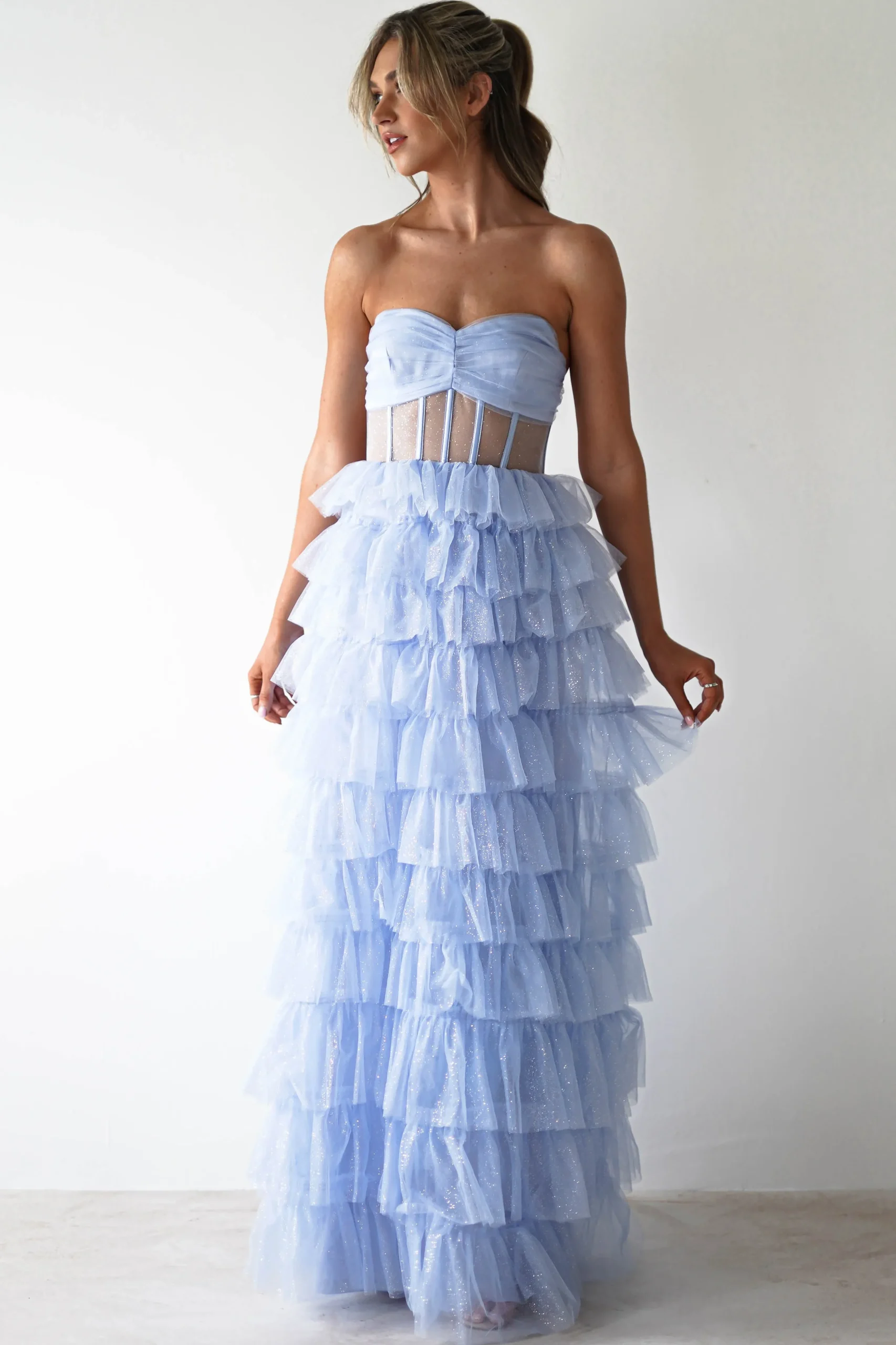 Sale Claudette Ruffle Glitter Maxi Dress | Blue Lange Kleider|Maxikleider