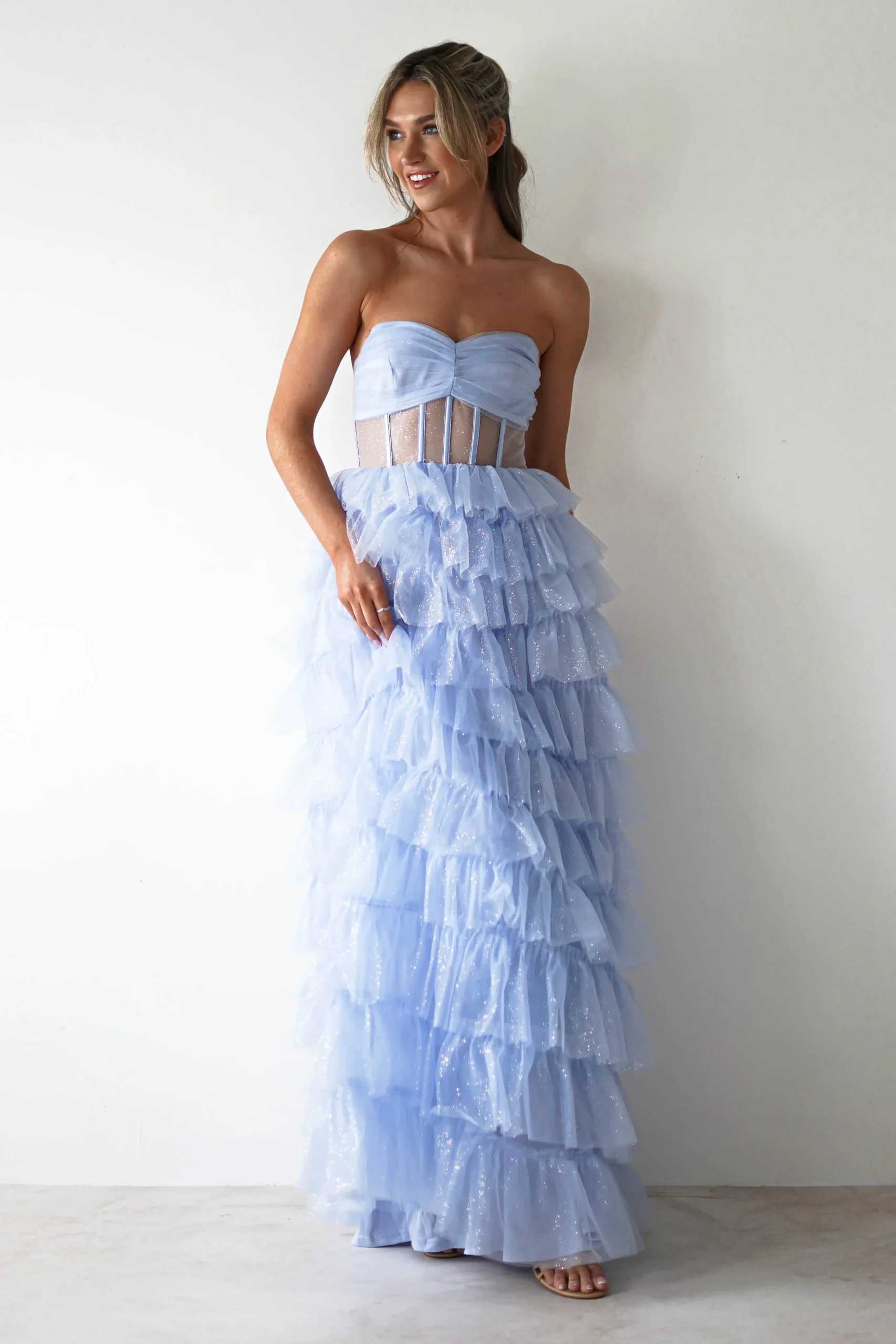 Sale Claudette Ruffle Glitter Maxi Dress | Blue Lange Kleider|Maxikleider