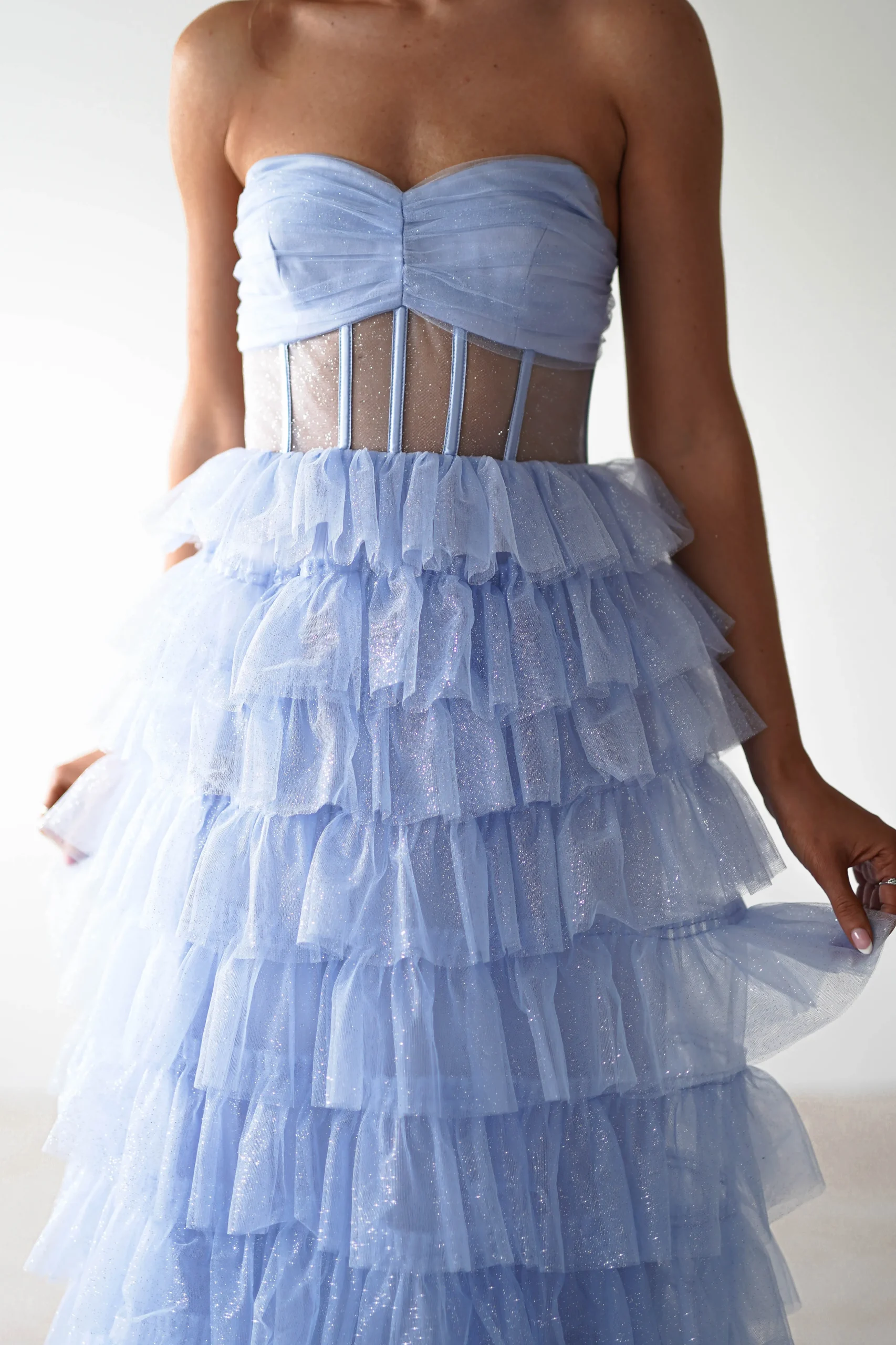 Sale Claudette Ruffle Glitter Maxi Dress | Blue Lange Kleider|Maxikleider